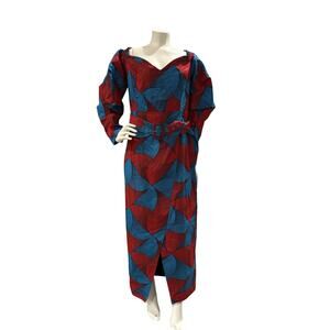 NWT OFUURE Sz Large Bold Dress 100% Cotton Geometric Print Blue Red Belted